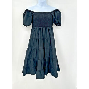 Cottagecore Black Puff Sleeve Midi Dress Medium Smocked‎ Bodice Tiered Romantic